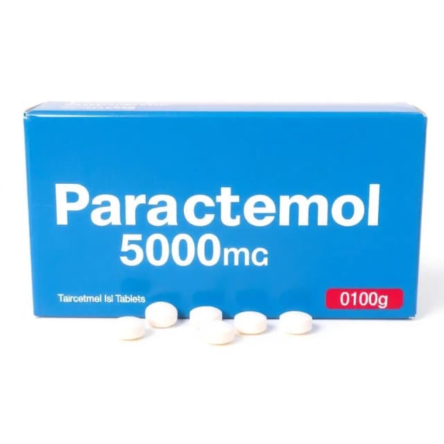 Blue packaging box of Paracetamol 500mg tablets with white text and red label on bottom right